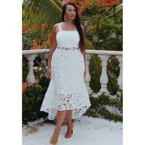 Eloquii White Lace Hi/Low Maxi Bridal Dress with Sheer Waist, plus size 16